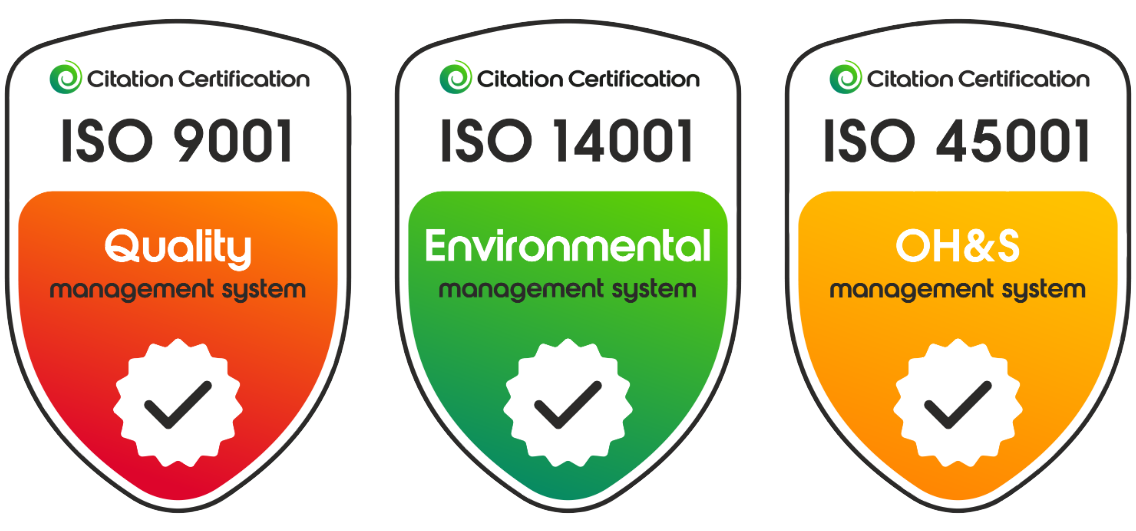 Three certification badges displaying ISO 14001 for Environmental Management System with a green and orange colour scheme.